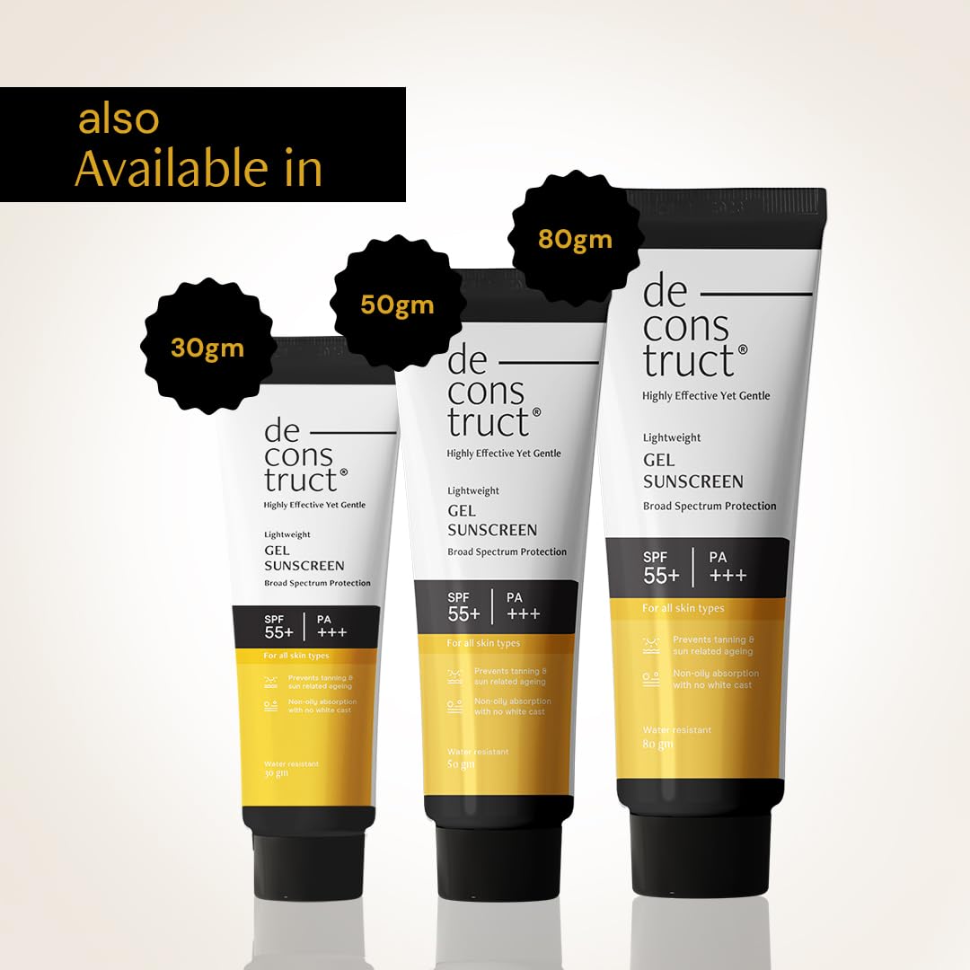 Three tubes of de construct sunscreen with different sizes on a light gray background