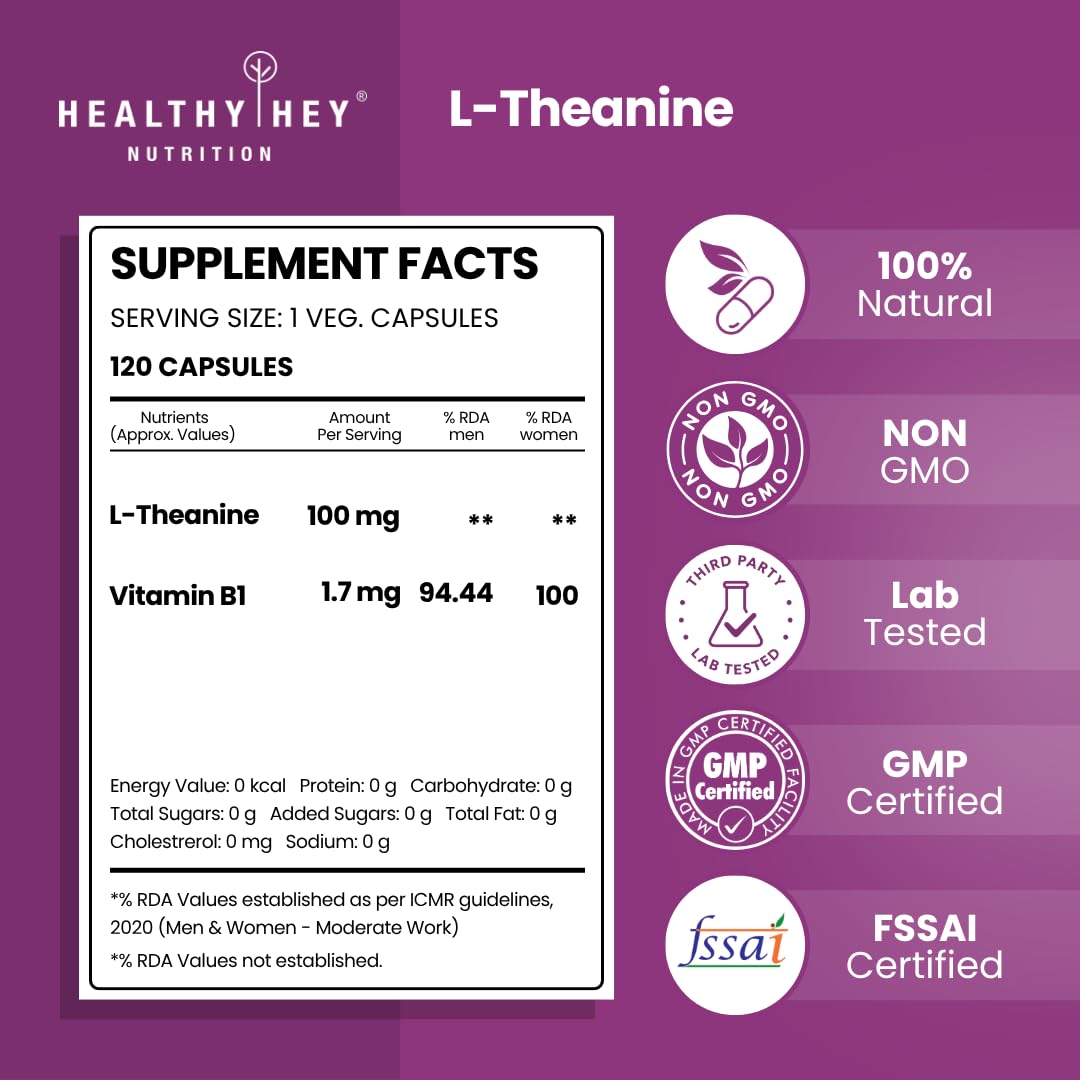 Supplement facts label for L-Theanine capsules by Healthy Hey Nutrition on a purple background.