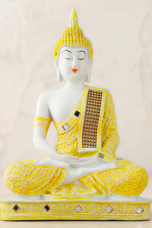 New Limited Edition 25 Centimetre Meditating Sitting Buddha Idol Statue showpiece Home Decor Decoration Items for Living Room and Gifts (Yellow White Matte)