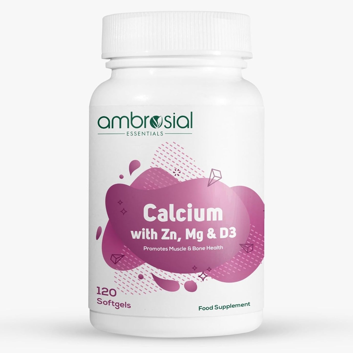 Supplement bottle labeled 'ambrosial' containing Calcium with Zn, Mg & D3 on a white background.