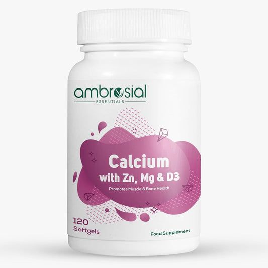Supplement bottle labeled 'ambrosial' containing Calcium with Zn, Mg & D3 on a white background.