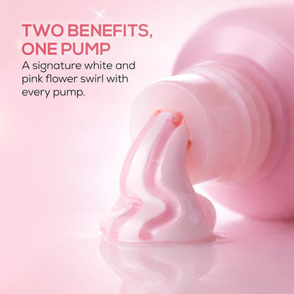 Pink lotion pump with white flower swirls and text 'Two Benefits, One Pump' on a pink background.