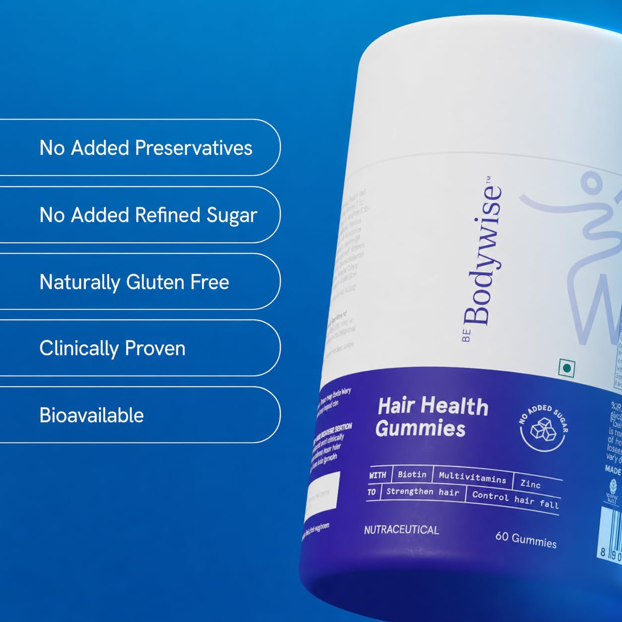 Be Bodywise Biotin Hair Gummies | 60 Days Pack | With Biotin, Zinc, Folic Acid, Fibre & Multivitamin | Strawberry Flavour | No Added Refined Sugar & Gut Friendly