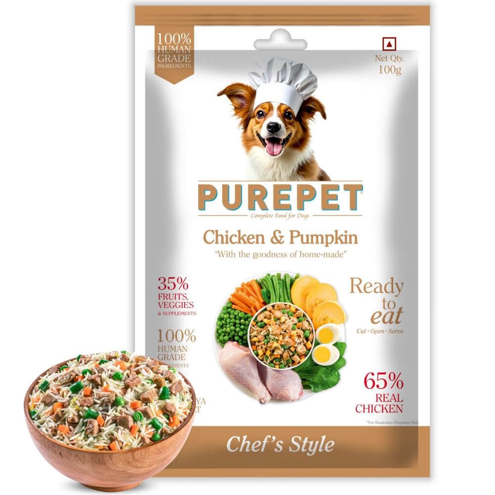 Purepet Fresh Dog Food Chicken & Pumpkin, for Adult & Puppy, 100gm | High Protein, 65% Real Chicken, 35% Fruits & Veggies | No Preservatives | Ready to Serve | All Breeds | One Pack One Meal