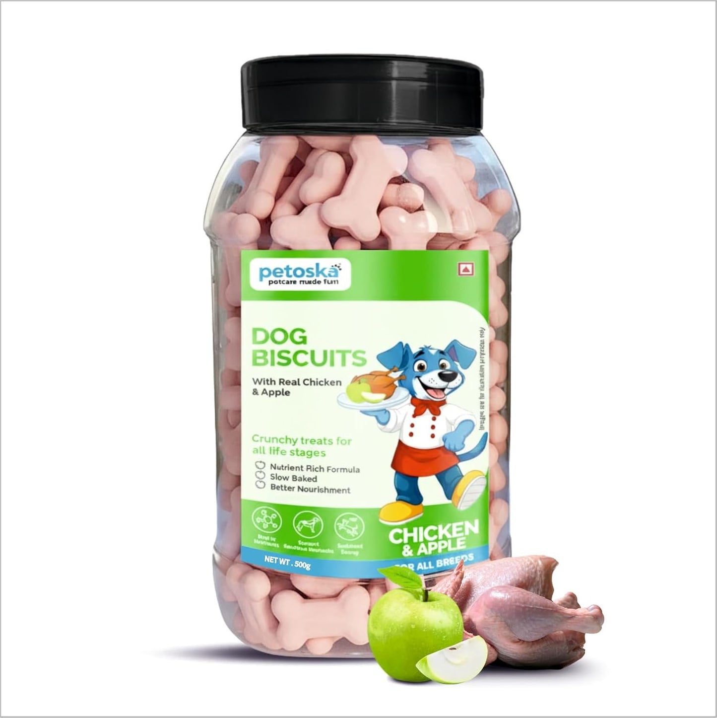 Petoska Chicken & Apple Dog Biscuits | 500g Jar | Made with Real Chicken & Apple | Crunchy Treats for Small, Medium & Large Dogs | 300 kcal/100g | Complementary Dog Food
