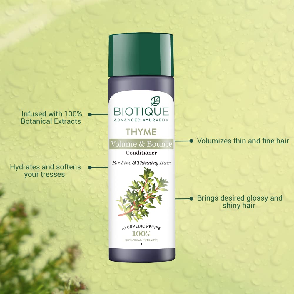 Biotique Thyme Volume & Bounce Conditioner bottle with text on a green background
