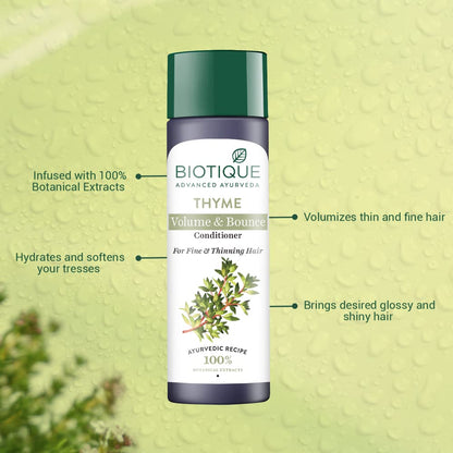 Biotique Thyme Volume & Bounce Conditioner bottle with text on a green background