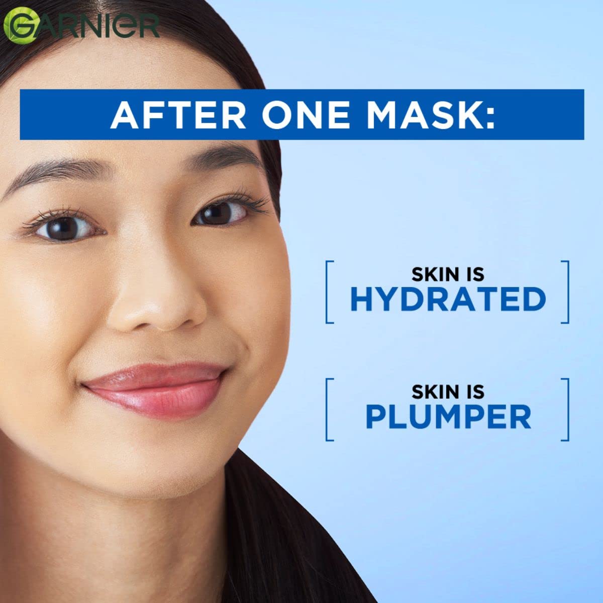 Woman with text indicating skin hydration and plumping after a Garnier mask, on a blue background.