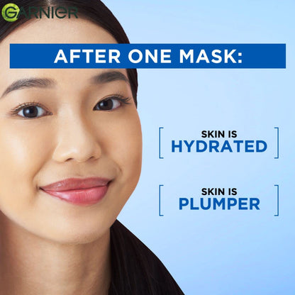 Woman with text indicating skin hydration and plumping after a Garnier mask, on a blue background.
