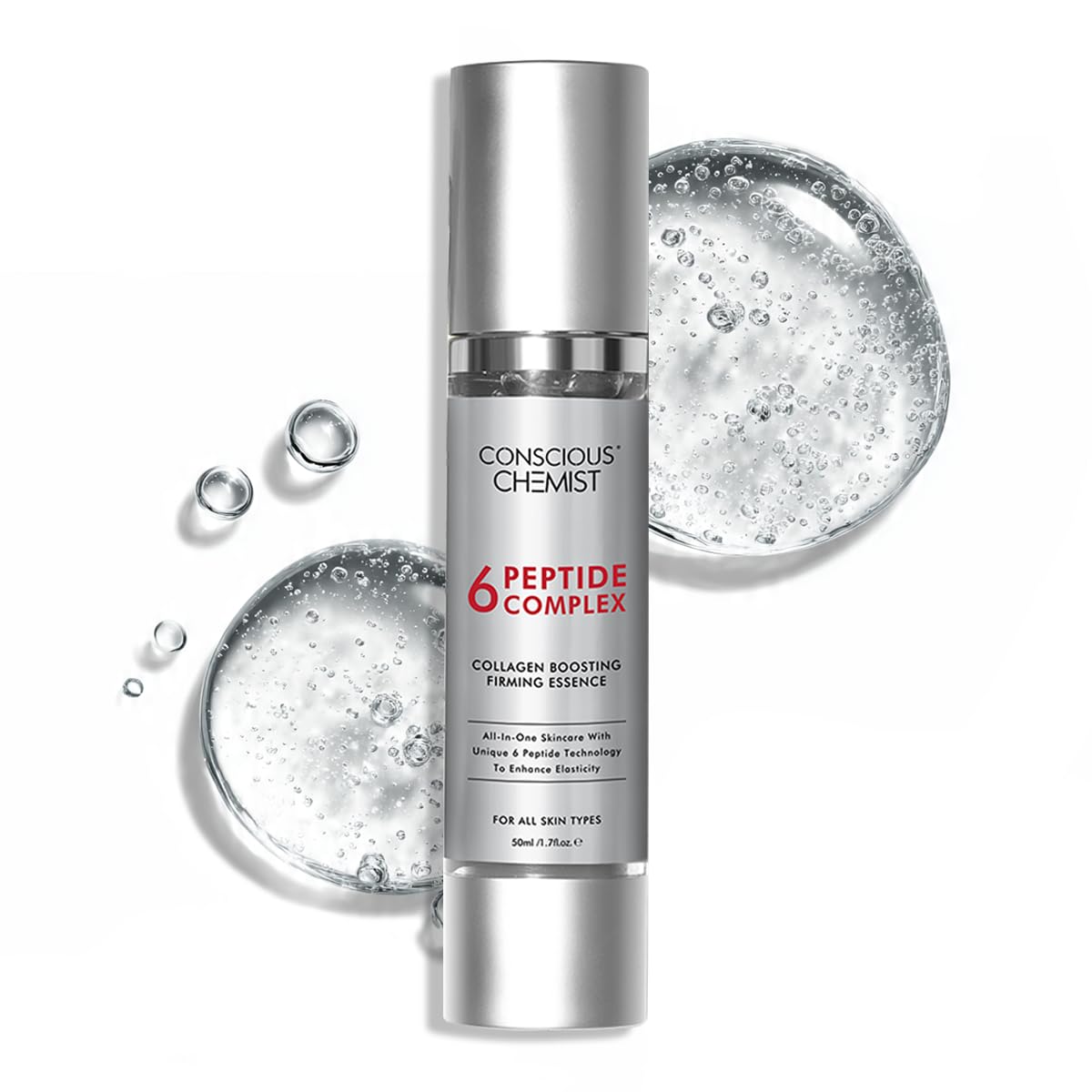 Skincare serum bottle with 'Conscious Chemist' branding on a white background