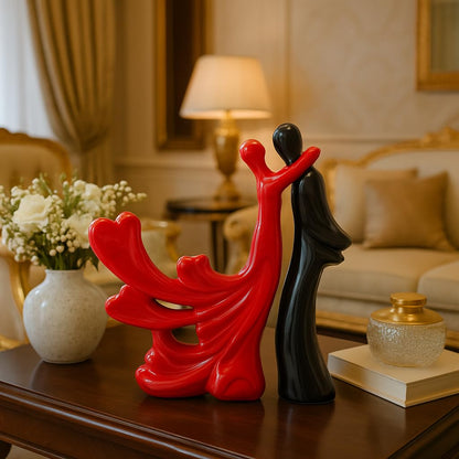 Xtore Passionate Lover Hugging Couple Figure | Beautiful Ceramic Home Decor Statue - (Set of 2, Red & Black)