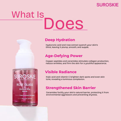 Suroskie Rose Glass All Rounder Face Serum 30Ml | Korean-Inspired Glow | With Vitamin C, Kojic & Hyaluronic Extract | Glowing, Brightening & Hydrated Skin | All Skin Types | Face Serum For Men & Women