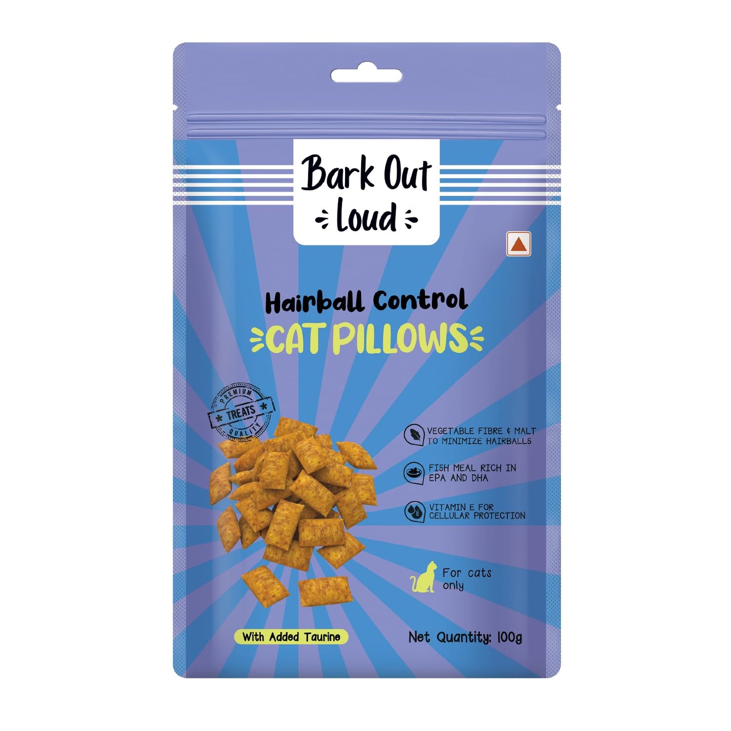 Bark Out Loud Cat Pillow Treats | Hairball Control Cat Treats with Taurine & Vitamin E | Tasty & Healthy Cat Snacks for Adult Cats 100gm