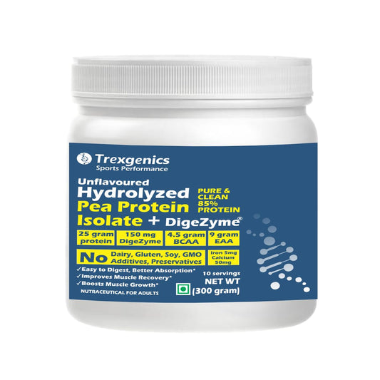 Trexegenics hydrolyzed pea protein isolate with Digezyme on a white background