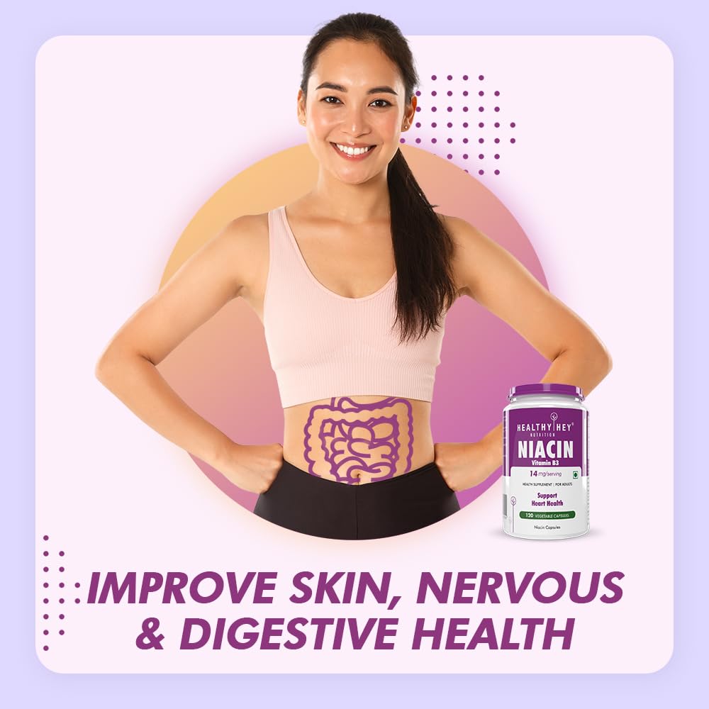 Woman with a health-themed graphic and a supplement bottle on a light purple background