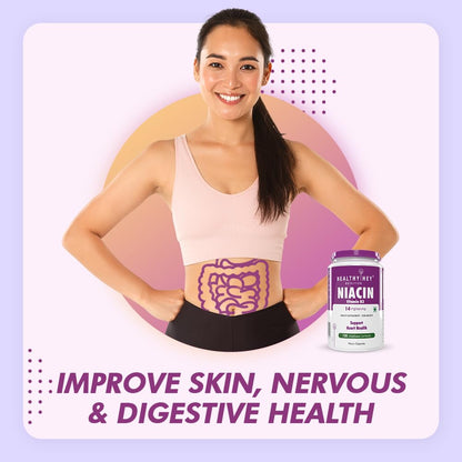 Woman with a health-themed graphic and a supplement bottle on a light purple background