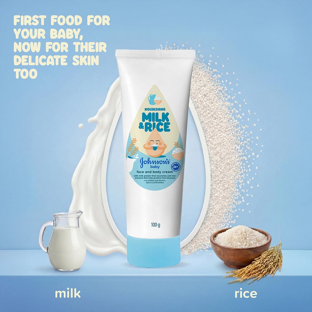 Johnson's Baby Milk & Rice Cream for Summer 100g | Lightweight Moisturizer | With Milk Protein & Vitamin E | Soft & Smooth Skin | Hypoallergenic | For Dry & Sensitive Baby Skin