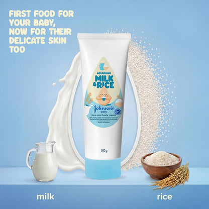 Johnson's Baby Milk & Rice Cream for Summer 100g | Lightweight Moisturizer | With Milk Protein & Vitamin E | Soft & Smooth Skin | Hypoallergenic | For Dry & Sensitive Baby Skin