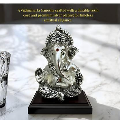Dev Aastha 999 Silver Plated Lord Ganesha Idol Sitting with Intricate Detailing - Vighnaharta Showpiece for Prosperity and Good Fortune - Premium Anti-Tarnish Murti for Temple and Desk