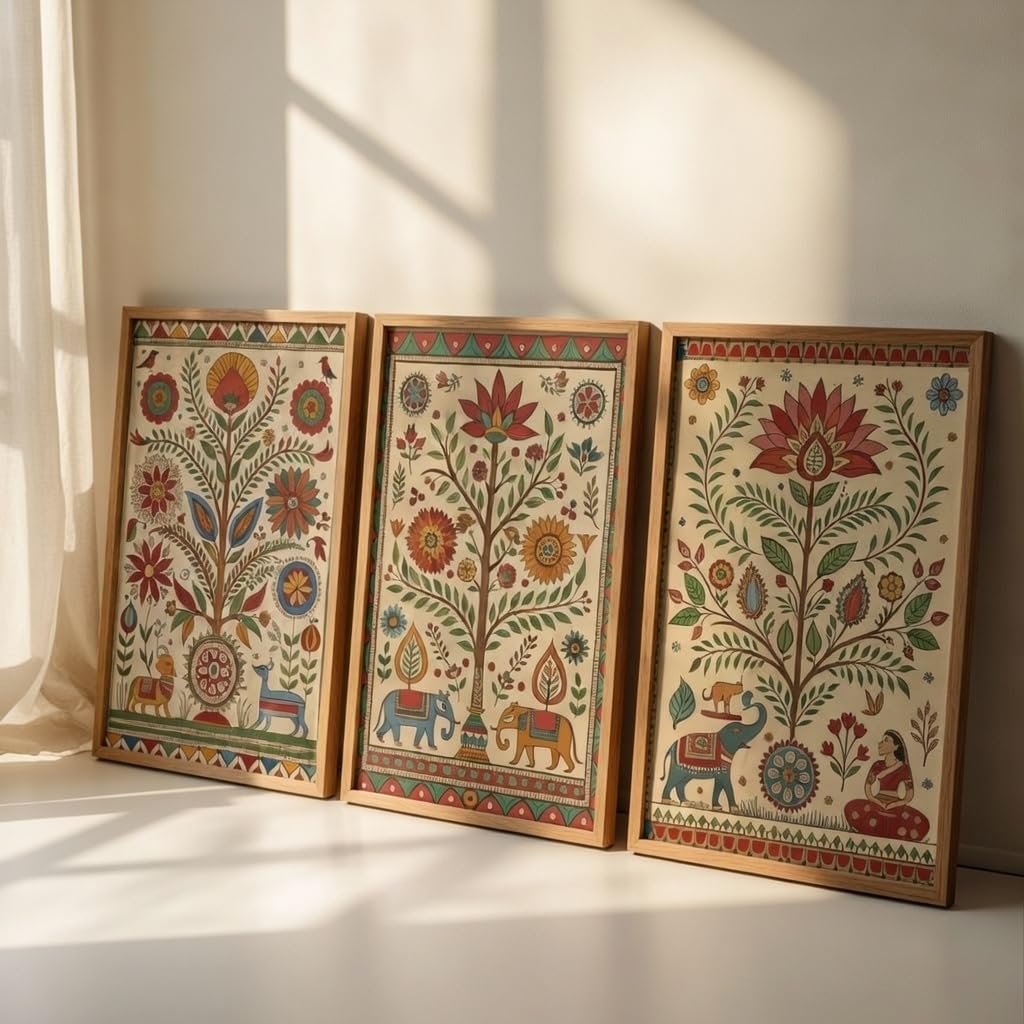 Indian Folk Art Floral Wall Painting Set of 3 with Wooden Frames | Traditional Ethnic Artwork HD Sparkle Laminated MDF Wall Decor | Boho Botanical Wall Art for Living Room Bedroom Décor