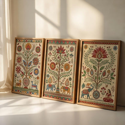 Indian Folk Art Floral Wall Painting Set of 3 with Wooden Frames | Traditional Ethnic Artwork HD Sparkle Laminated MDF Wall Decor | Boho Botanical Wall Art for Living Room Bedroom Décor