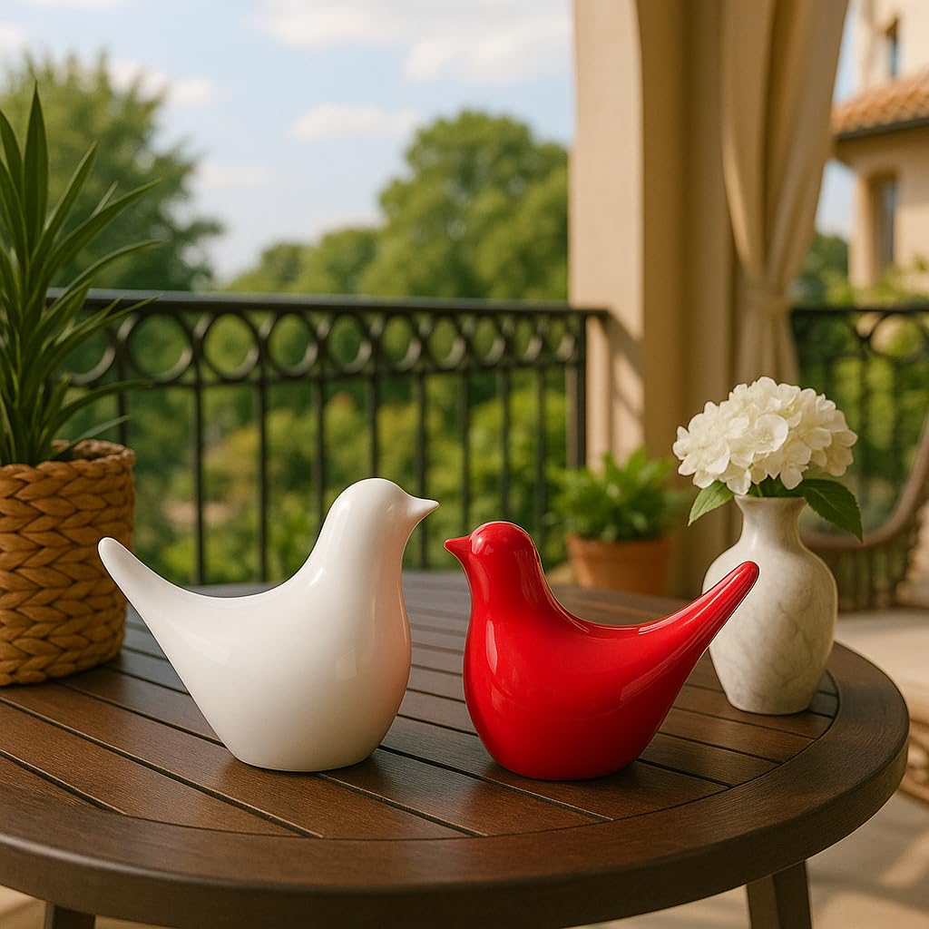 Creative White and Red Glossy Ceramic Birds Figurines Home Decorations Accessories Party (Pack of 2, White & Red)