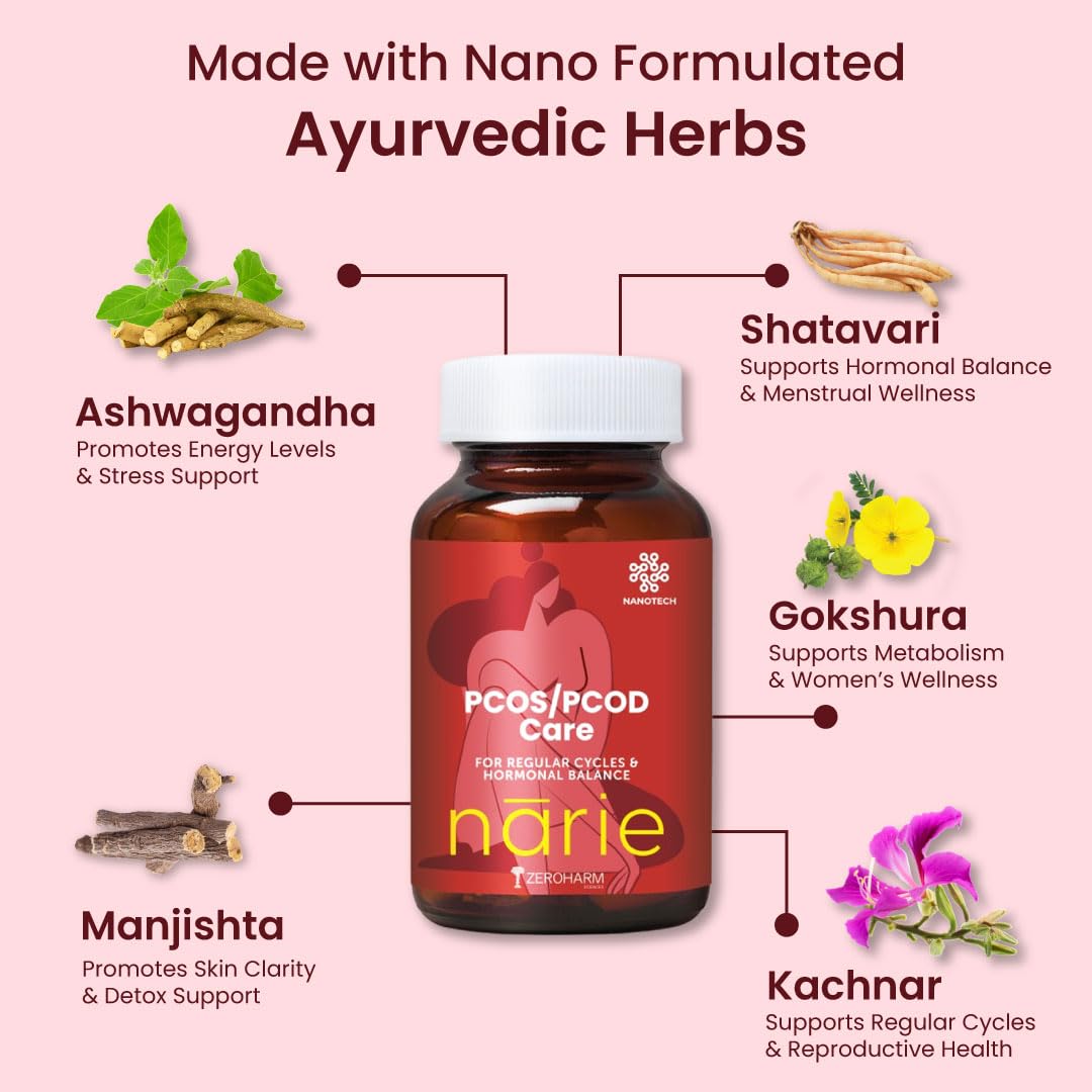 ZEROHARM Narie PCOS/PCOD Supplement for Women | Shatavari, Ashwagandha | Natural Hormone Balance & Mood Support | Helps with Regular Periods, Weight Management, Facial Hair & Acne | 60 Nano Tablets