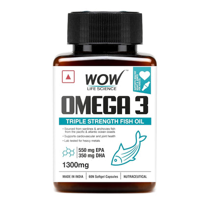 WOW Life Science Omega-3 Fish Oil 1300 Mg Triple Strength 550Mg Epa 350Mg Dha,Burpless,Mercury Free,Ideal For Keto Diet,1 Count