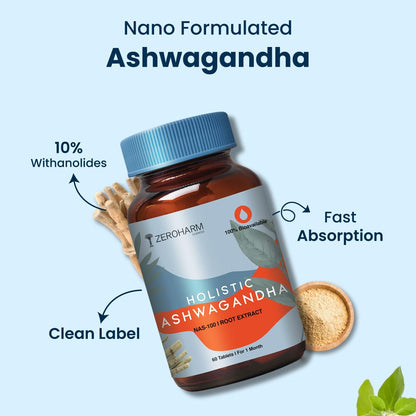 ZEROHARM Nano Ashwagandha Supplement with 10% Withanolides 600mg Per Serving | Ashwagandha Root + Pectin | Natural Adaptogen for Stress Balance, Energy, Focus & Performance | Men & Women | 60 Tablets