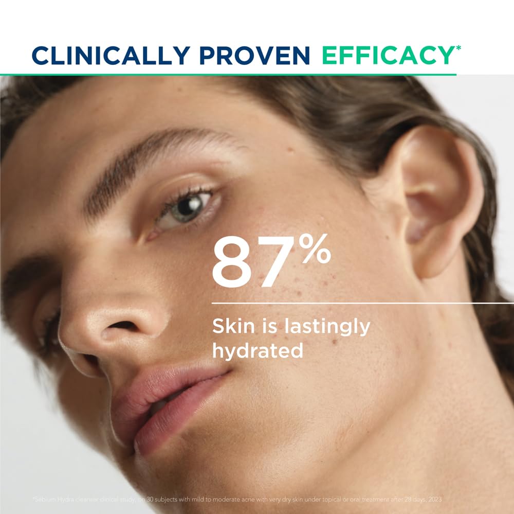 Close-up of a person's face with text indicating 95% skin soothed efficacy.