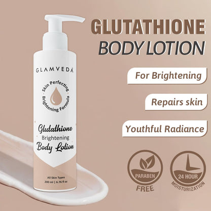 Glamveda Glutathione Body Lotion Moisturizer 200ml | 24hr Deep Moisturization for Dry Skin | Skin Brightening | Non Greasy, Lightweight Hydrating Moisture for Glowing, Repairs & Softens Skin | All Skin Type
