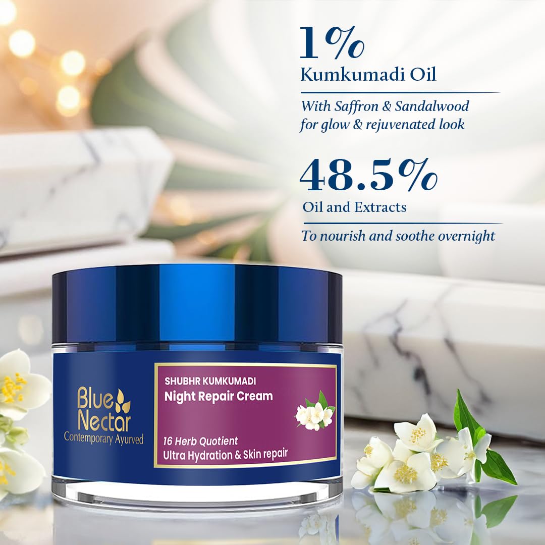 Blue Nectar Kumkumadi Night Cream for Women for Glowing Skin | Kumkumadi Face Cream for Night Repair, Ultra Hydration & Skin Brightening for Oily & Dry Skin (16 Herbs, 50g)