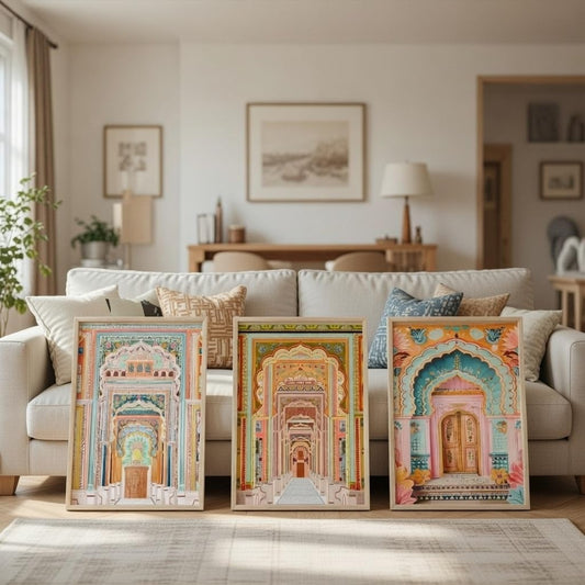 Set of 3 Rajasthani Palace Wall Art Premium MDF Wooden Color Framed HD UV Printed Traditional Arch Architecture Painting for Living Room Home Decor 11 Inch x 14 Inch