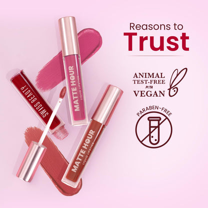 Swiss Beauty Matte Hour Liquid Lipstick | Non-Transfer Formula | Highly Pigmented | Up To 10-Hour Wear | Waterproof & Smudge-Proof | Enriched with Vitamin | Shade-3. Bare Cosmo, 4.2ml