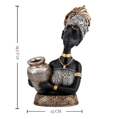 African Lady Statue with Pot for Table Décor | Home Décor (Pack of 1, Black,Silver & Golden)