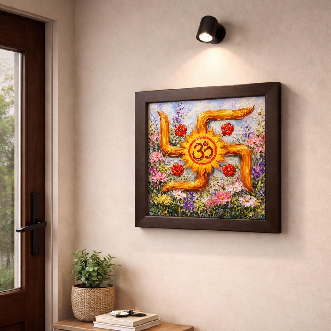 Swastik Om Floral Vastu Sacred Hindu Spiritual Mandir Religious Auspicious Traditional Indian Framed Poster Artwork Decor Painting