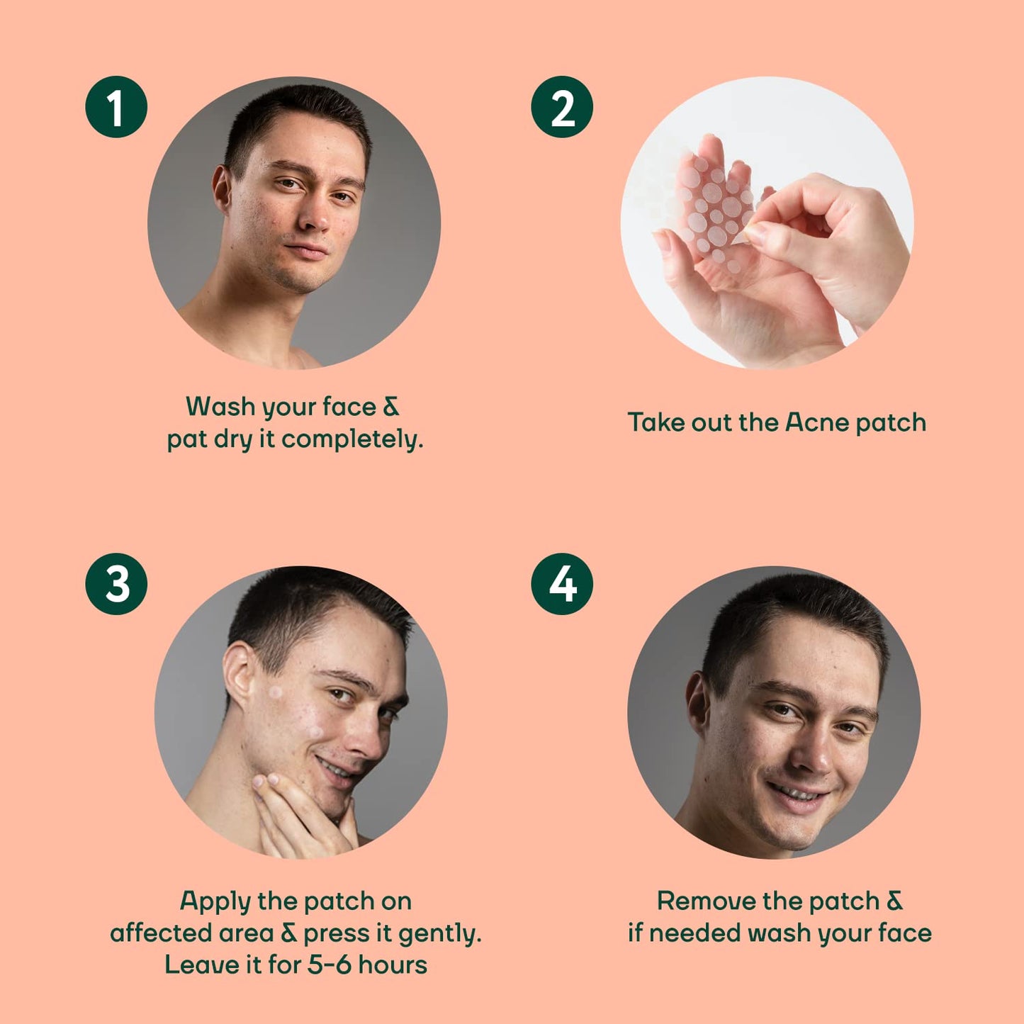 Step-by-step guide on using acne patches with images and text on a peach background