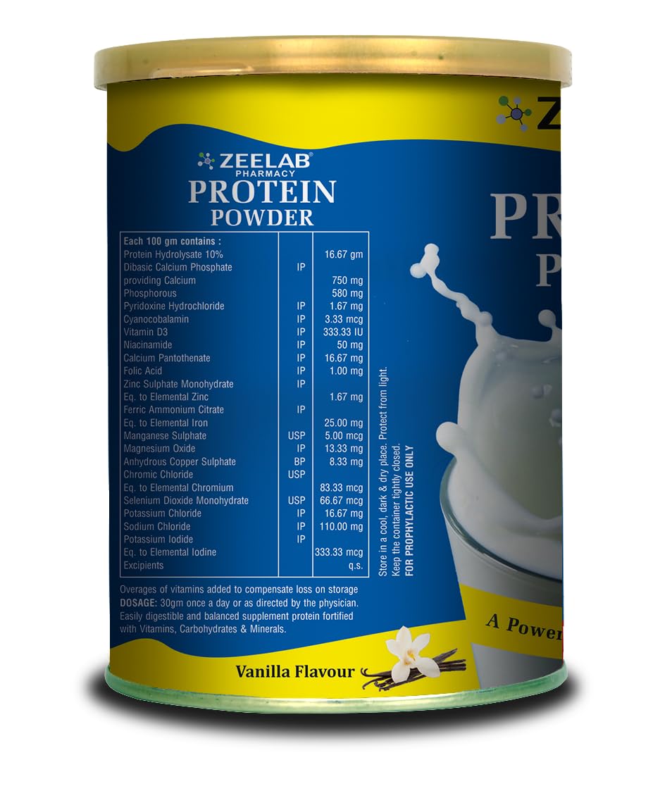 Zeelab Protein Powder can with blue label on a white background