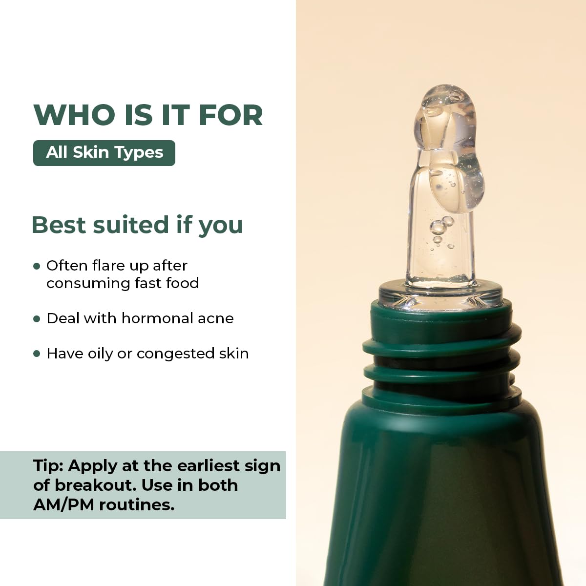 Skincare product with text on who it is for and usage tips