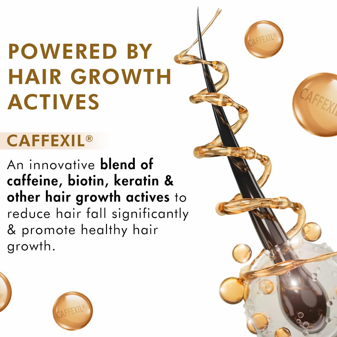 Caffeexil hair growth product with text about active ingredients and benefits on a white background.