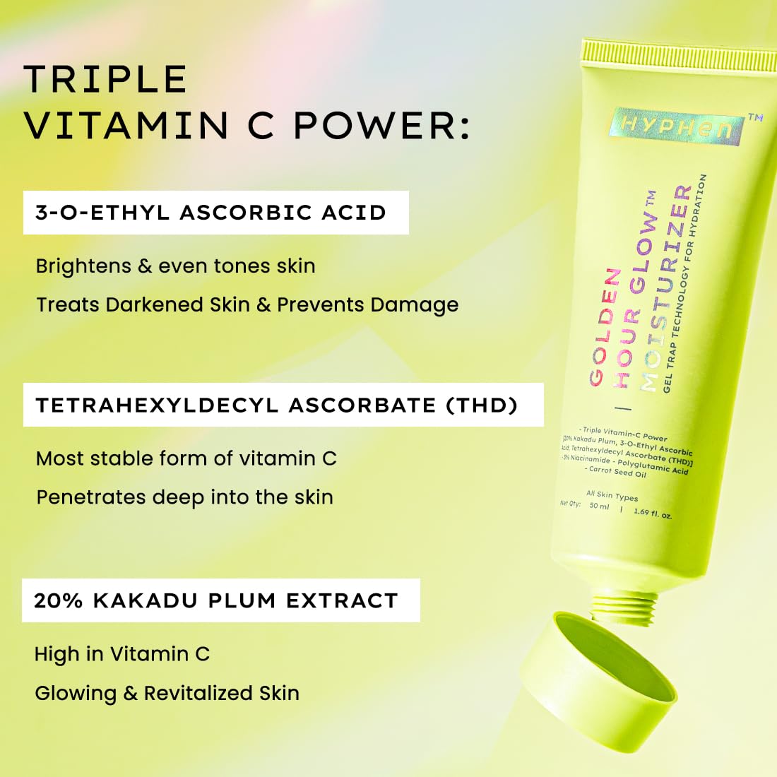 Skincare product with ingredients listed on a yellow background