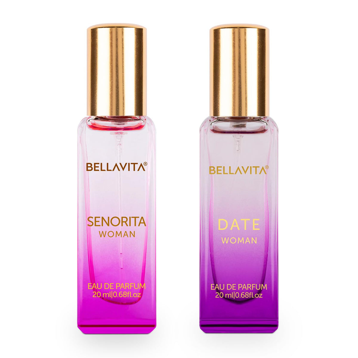 Two Bellavita perfume bottles, one pink and one purple, on a white background.