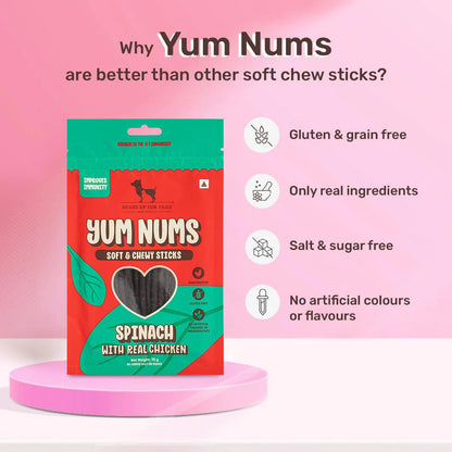 Yum Nums by HUFT Soft & Chewy Sticks - 70 gm | Spinach with Real Chicken Dog Treats | Healthy Dog Snacks | Puppy Training Treats | Veg & Non-Veg Treats for Small & Adult Dogs