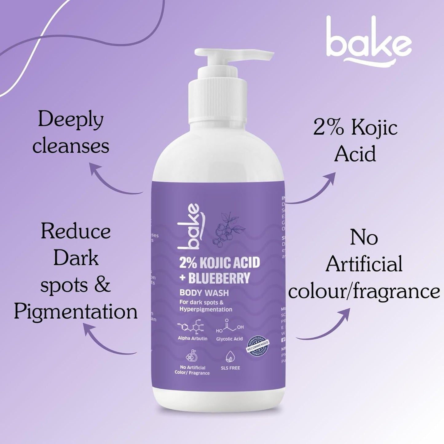BAKE 2% Kojic Acid Brightening Body Wash with Glycolic Acid & Alpha Arbutin | De-Tan Body Wash | For Pigmentation & Tan Removal | For Dark Knees & Elbows | Dark Spots & Sun Damage | For Men & Women - 250ml