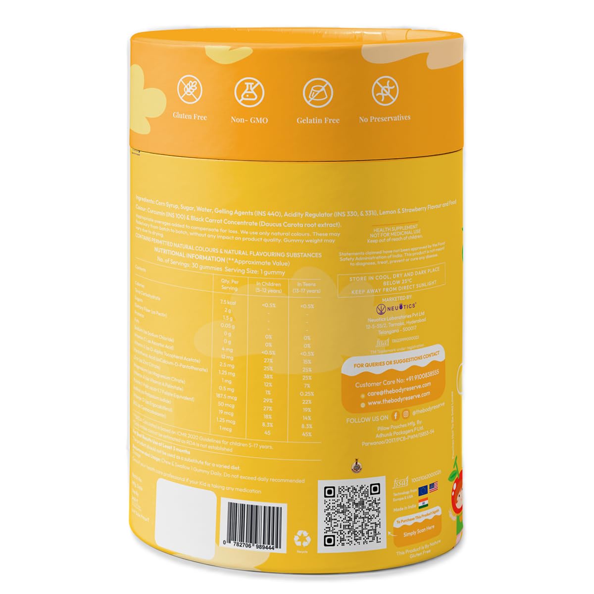 Yellow container with nutritional information and QR code on a white background