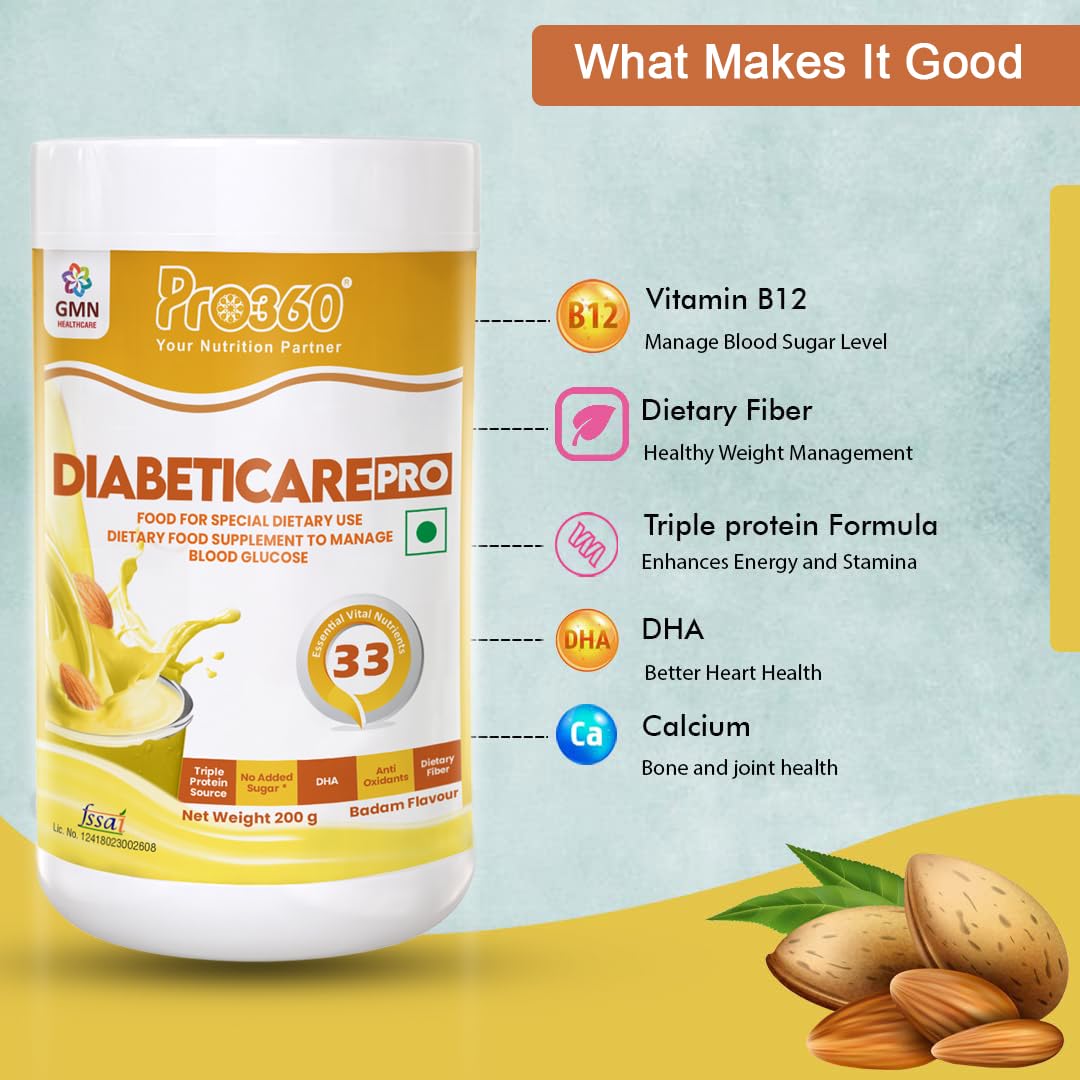 Pro360 Diabeticare Pro Protein Powder for Diabetes - Nutrition Supplement for Diabetic Care - Helps in Managing Blood Sugar Levels - Zero Added Sugar - Badam Flavour 200g Jar