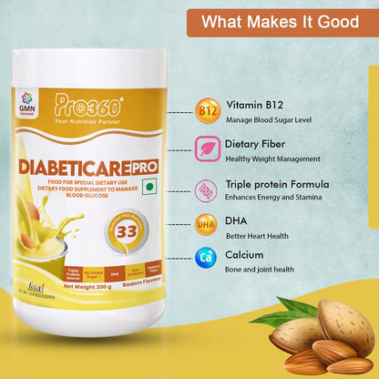 Pro360 Diabeticare Pro Protein Powder for Diabetes - Nutrition Supplement for Diabetic Care - Helps in Managing Blood Sugar Levels - Zero Added Sugar - Badam Flavour 200g Jar