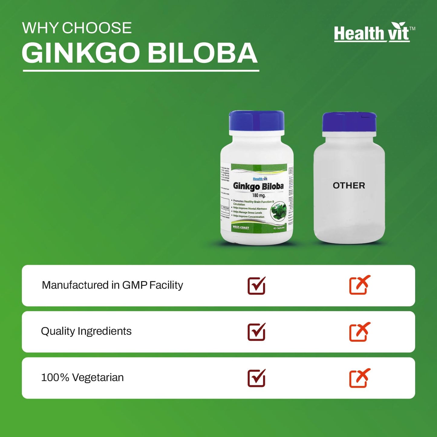 Healthvit Ginkgo Biloba supplement bottles on a green background with product features listed.