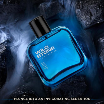 Blue Wild Stone perfume bottle on a dark background with smoke effect