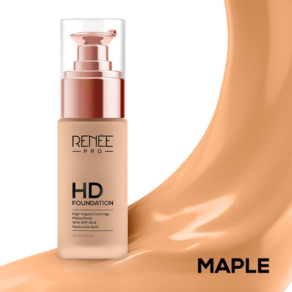 RENEE Pro Hd Foundation Matte Finish Lotion For All Skin Types|Highly Blendable Formula With Spf30|Weightless & Long Lasting|Full Coverage Enriched With Aloe,Coffee,Chamomile & Vitamin E,30 Ml,1 Count